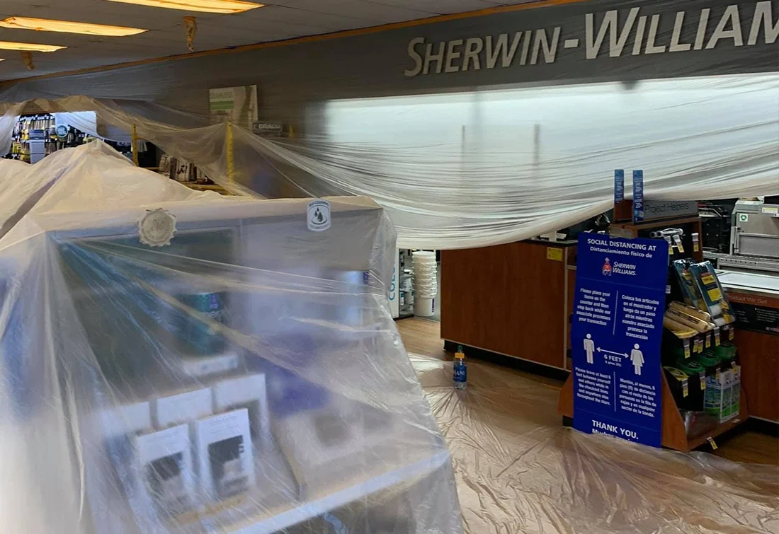 Commercial retail interior masked before painting
